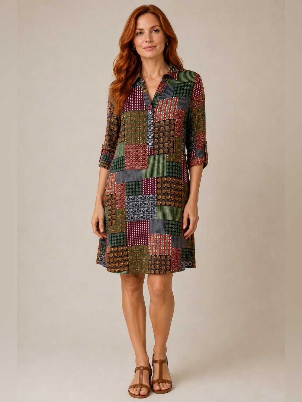 Caliban Printed Dress Tunic Multicolor Patchwork Button Front, Made in Italy